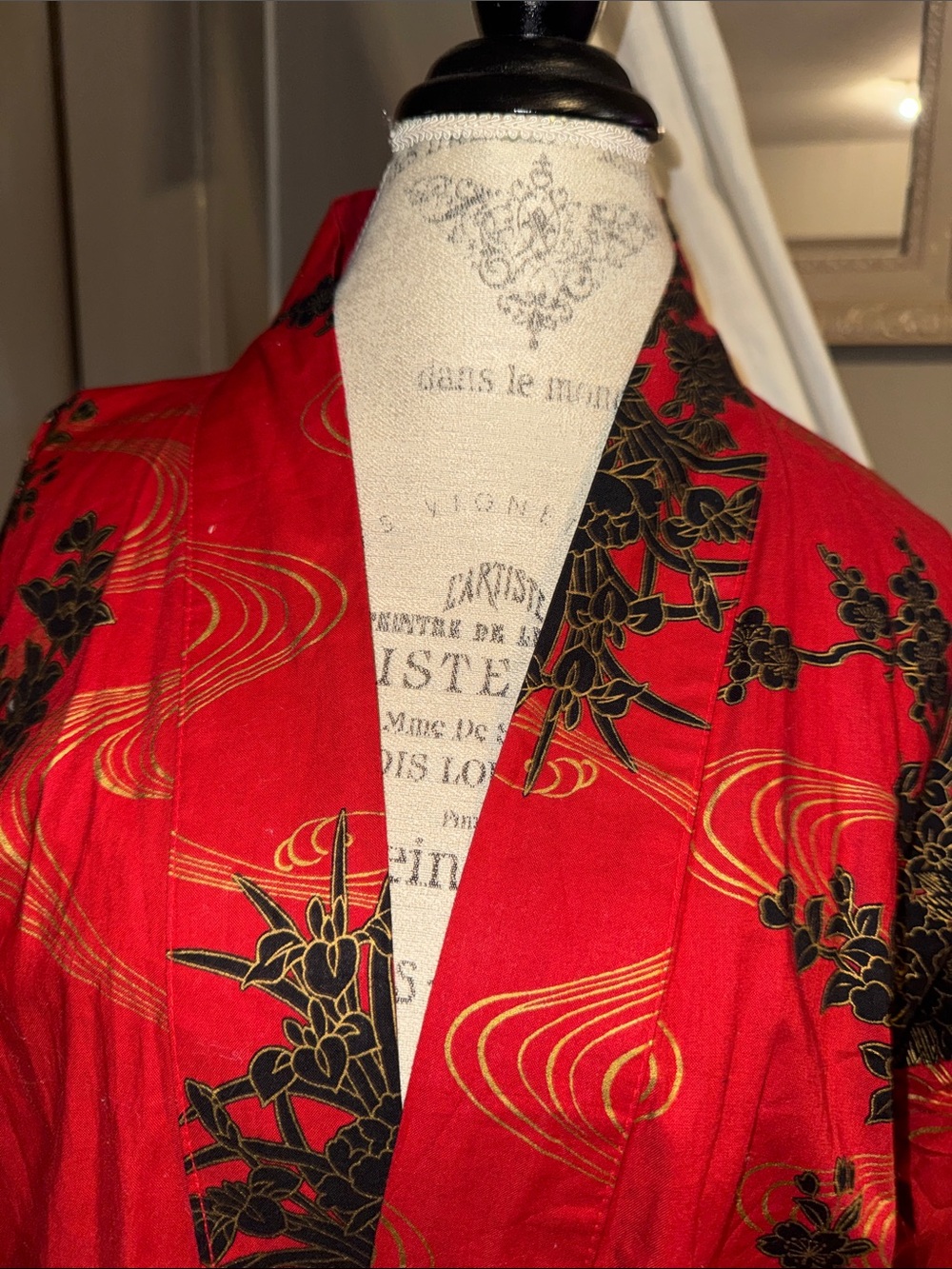 Red Kimono Robe Black Floral Gold Detail Authentic Japanese Adult One Size - Picture 7 of 11